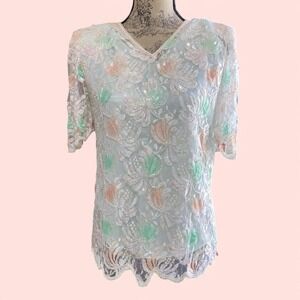 Vintage‎ Floral Beaded Sequin Lace Blouse Pearl Trim Size 12 Pastel Coquette